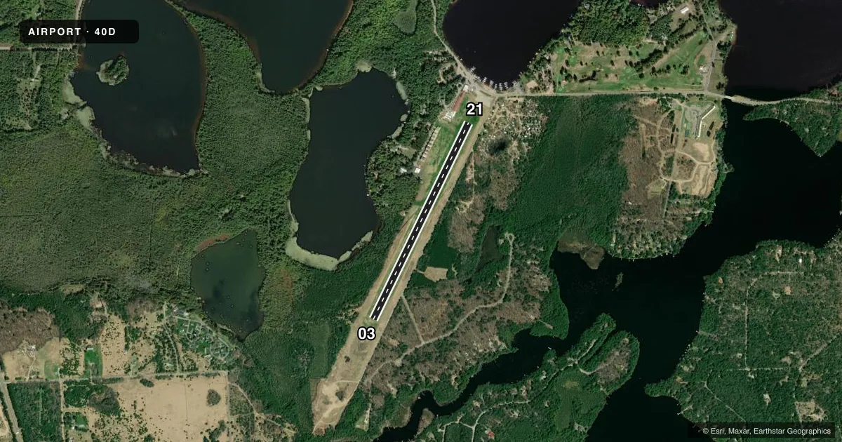 Top-down satellite sketch of 40D THREE LAKES MUNI in THREE LAKES, WISCONSIN, showing runways 03/21 drawn to scale over Esri World Imagery