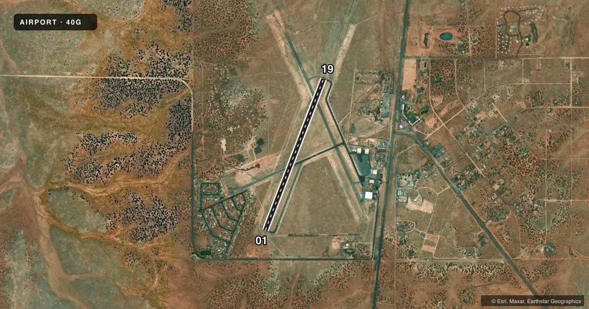 Top-down satellite sketch of 40G VALLE in GRAND CANYON, ARIZONA, showing runways 01/19 drawn to scale over Esri World Imagery
