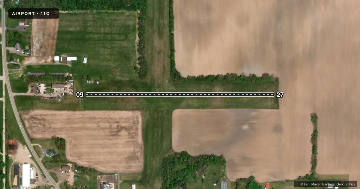 Top-down satellite sketch of 41C CALKINS FLD in WAYLAND, MICHIGAN, showing runways 09/27 drawn to scale over Esri World Imagery