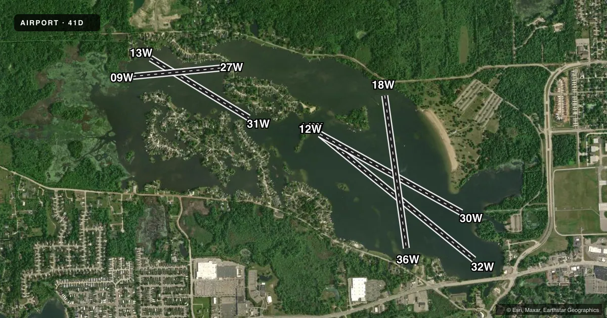 Top-down satellite sketch of 41D MICHIGAN in WHITE LAKE, MICHIGAN, showing runways 14W/32W, 12W/30W, 18W/36W, 13W/31W, 09W/27W drawn to scale over Esri World Imagery