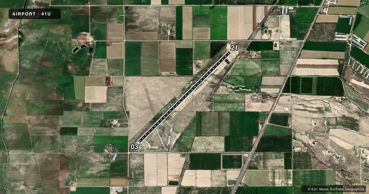 Top-down satellite sketch of 41U SANPETE COUNTY RGNL in MANTI, UTAH, showing runways 03/21 drawn to scale over Esri World Imagery