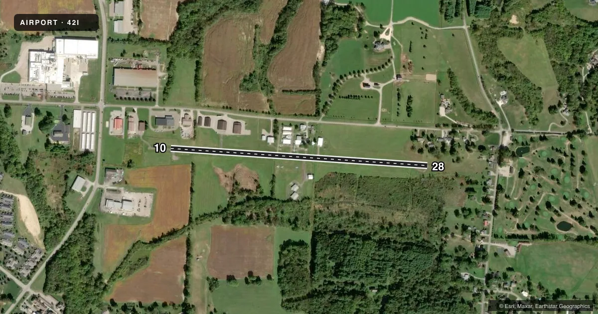 Top-down satellite sketch of 42I PARR in ZANESVILLE, OHIO, showing runways 10/28 drawn to scale over Esri World Imagery