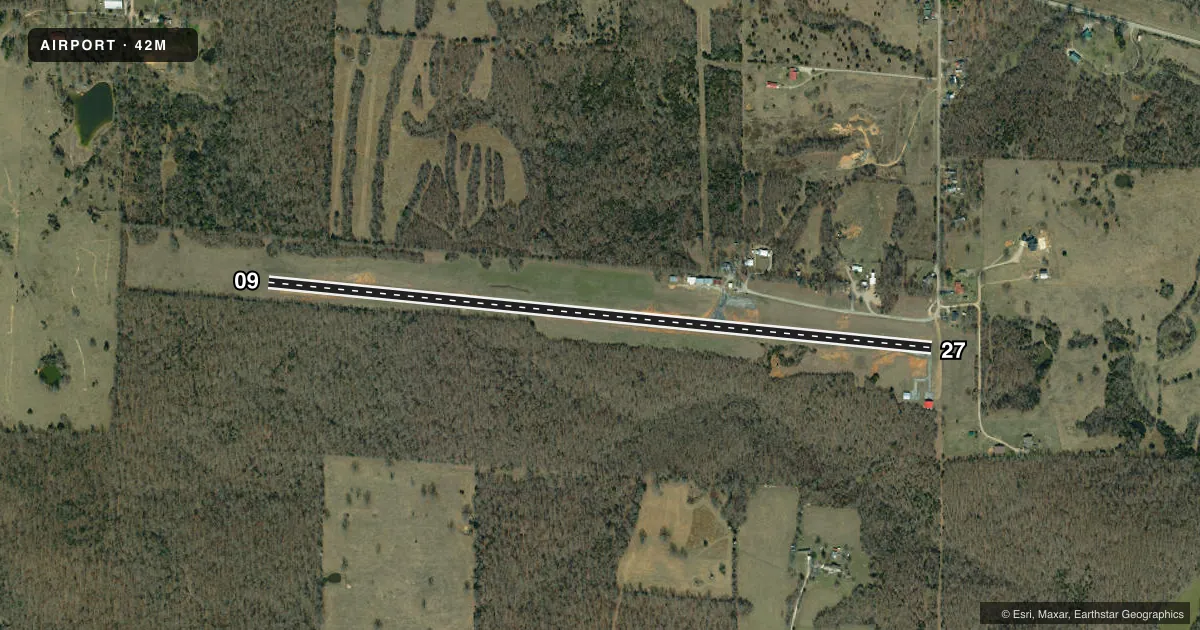 Top-down satellite sketch of 42M THAYER MEML in THAYER, MISSOURI, showing runways 09/27 drawn to scale over Esri World Imagery