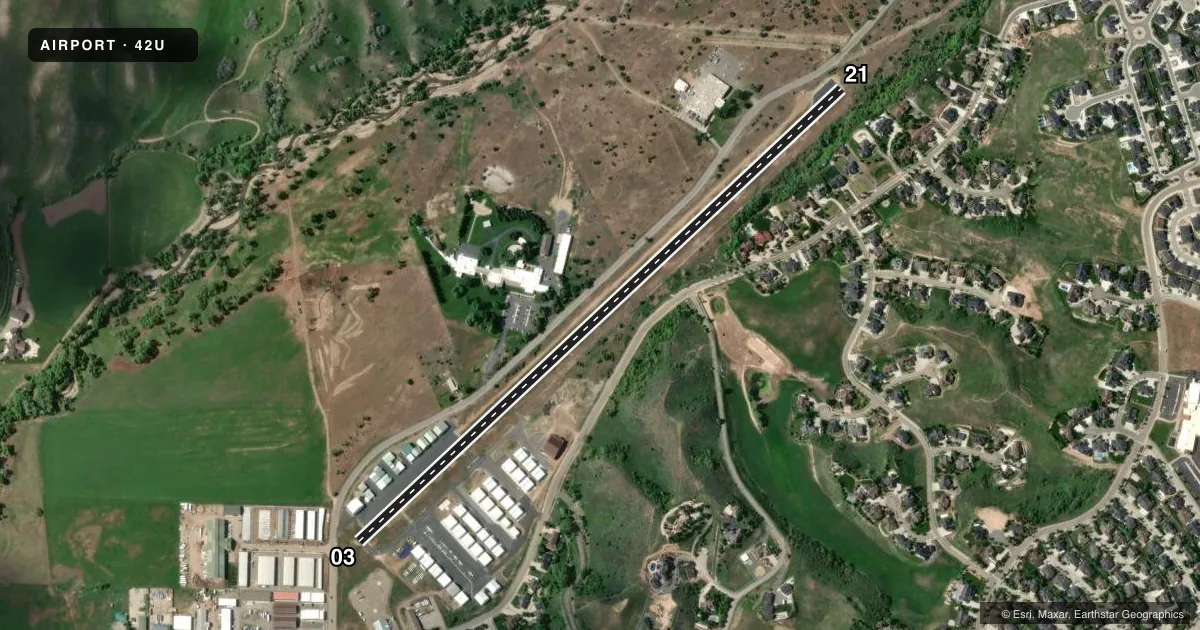Top-down satellite sketch of 42U MORGAN COUNTY in MORGAN, UTAH, showing runways 03/21 drawn to scale over Esri World Imagery