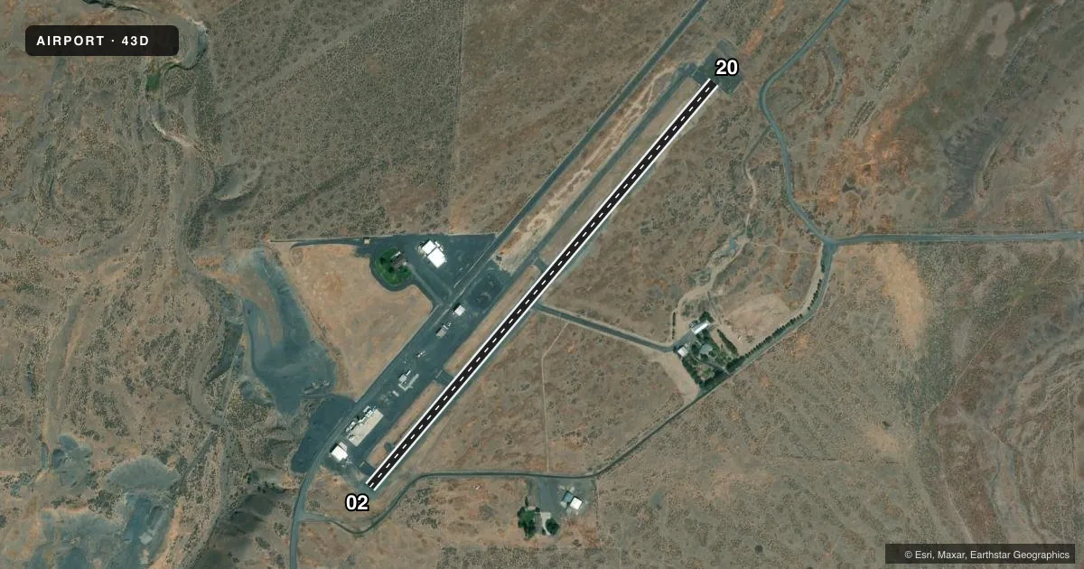 Top-down satellite sketch of 43D ODESSA MUNI in ODESSA, WASHINGTON, showing runways 02/20 drawn to scale over Esri World Imagery