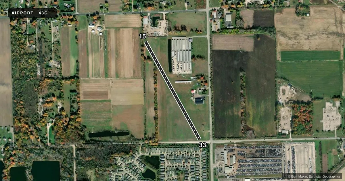 Top-down satellite sketch of 43G BELLEVILLE in BELLEVILLE, MICHIGAN, showing runways 15/33 drawn to scale over Esri World Imagery