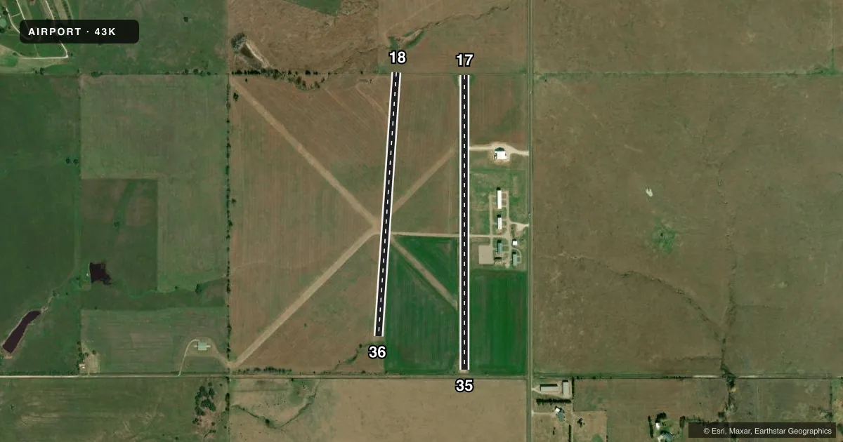 Top-down satellite sketch of 43K MARION MUNI in MARION, KANSAS, showing runways 17/35, 18/36 drawn to scale over Esri World Imagery