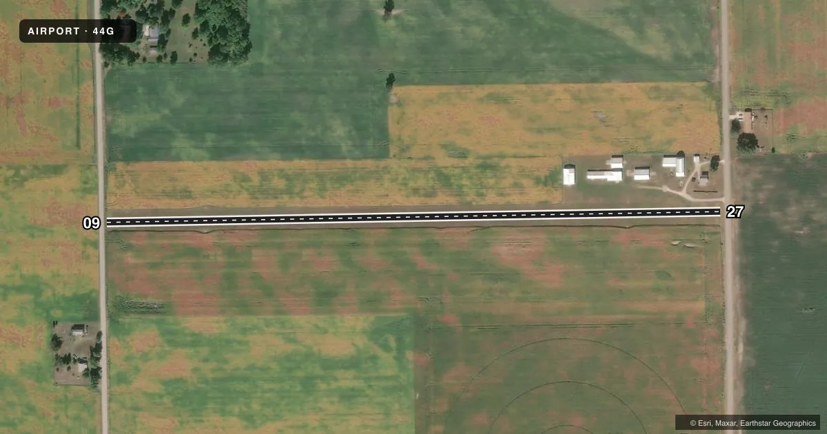 Top-down satellite sketch of 44G BETZ in BLISSFIELD, MICHIGAN, showing runways 09/27 drawn to scale over Esri World Imagery