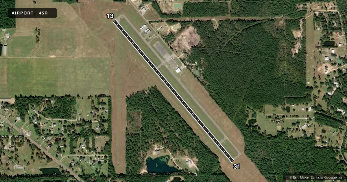 Top-down satellite sketch of 45R HAWTHORNE FLD in KOUNTZE/SILSBEE, TEXAS, showing runways 13/31 drawn to scale over Esri World Imagery