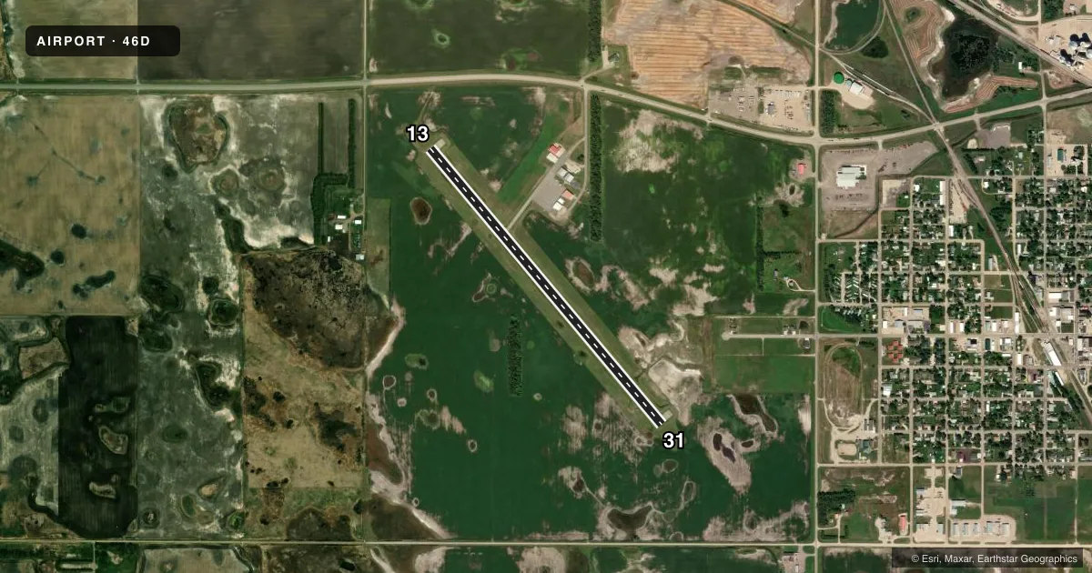 Top-down satellite sketch of 46D CARRINGTON MUNI in CARRINGTON, NORTH DAKOTA, showing runways 13/31 drawn to scale over Esri World Imagery