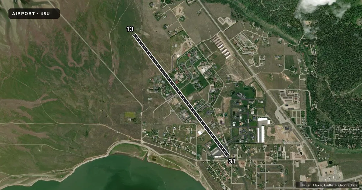 Top-down satellite sketch of 46U ALPINE in ALPINE, WYOMING, showing runways 13/31 drawn to scale over Esri World Imagery