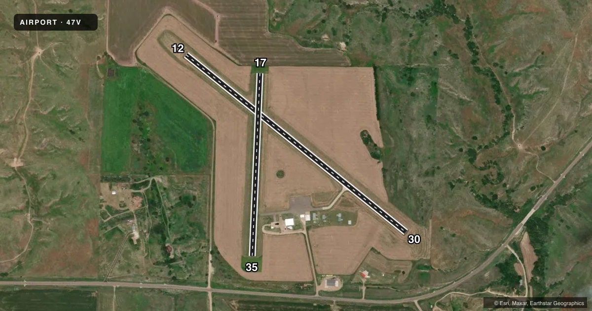 Top-down satellite sketch of 47V CURTIS MUNI in CURTIS, NEBRASKA, showing runways 12/30, 17/35 drawn to scale over Esri World Imagery