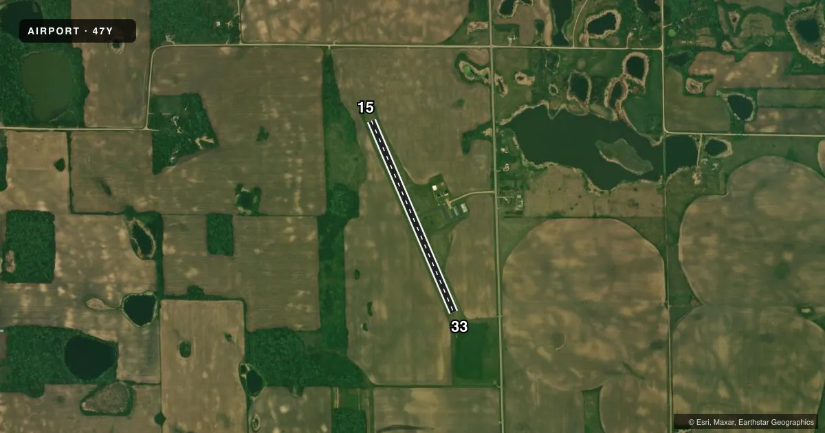 Top-down satellite sketch of 47Y PELICAN RAPIDS MUNI-LYON'S FLD in PELICAN RAPIDS, MINNESOTA, showing runways 15/33 drawn to scale over Esri World Imagery