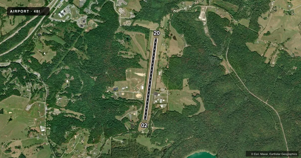 Top-down satellite sketch of 48I BRAXTON COUNTY in SUTTON, WEST VIRGINIA, showing runways 02/20 drawn to scale over Esri World Imagery