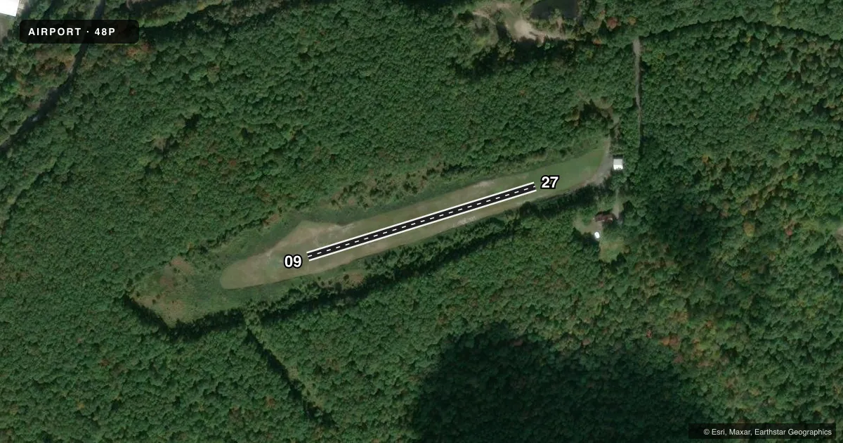 Top-down satellite sketch of 48P ROCKY HILL in CRESCO, PENNSYLVANIA, showing runways 09/27 drawn to scale over Esri World Imagery