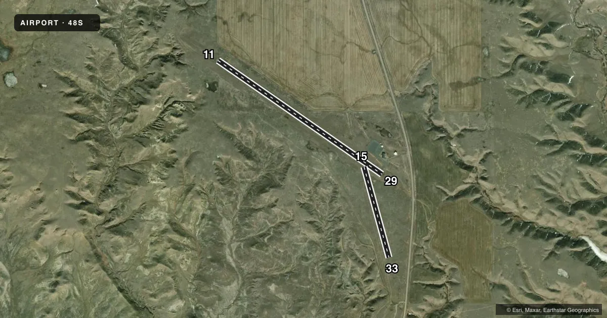 Top-down satellite sketch of 48S HARLEM in HARLEM, MONTANA, showing runways 11/29, 15/33 drawn to scale over Esri World Imagery