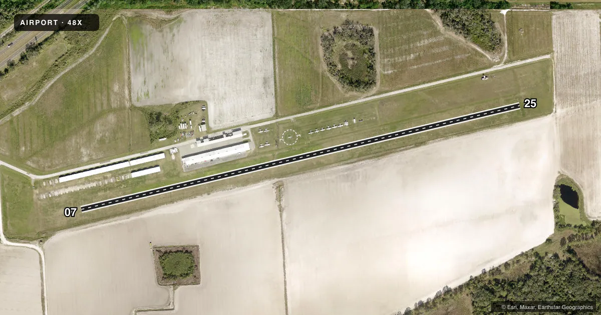 Top-down satellite sketch of 48X MANATEE in PALMETTO, FLORIDA, showing runways 07/25 drawn to scale over Esri World Imagery