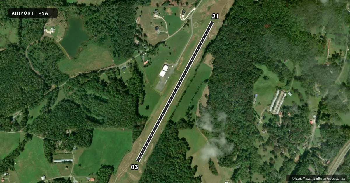 Top-down satellite sketch of 49A GILMER COUNTY in ELLIJAY, GEORGIA, showing runways 03/21 drawn to scale over Esri World Imagery