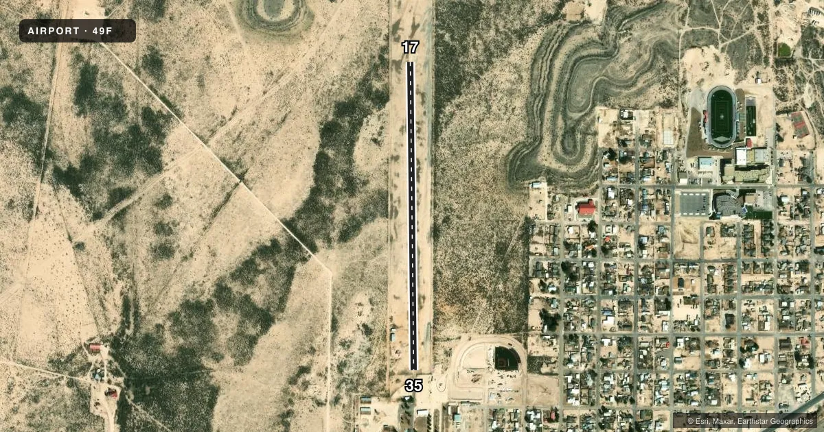 Top-down satellite sketch of 49F RANKIN in RANKIN, TEXAS, showing runways 17/35 drawn to scale over Esri World Imagery