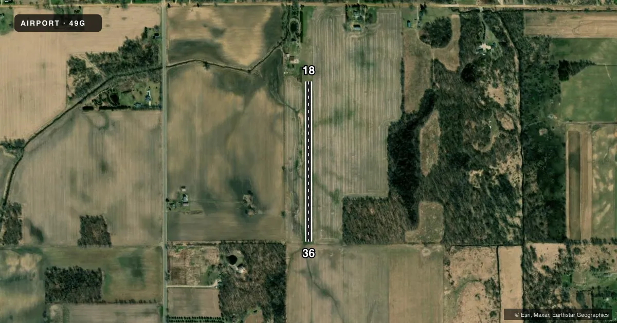 Top-down satellite sketch of 49G WEND VALLEY in CHARLOTTE, MICHIGAN, showing runways 18/36 drawn to scale over Esri World Imagery