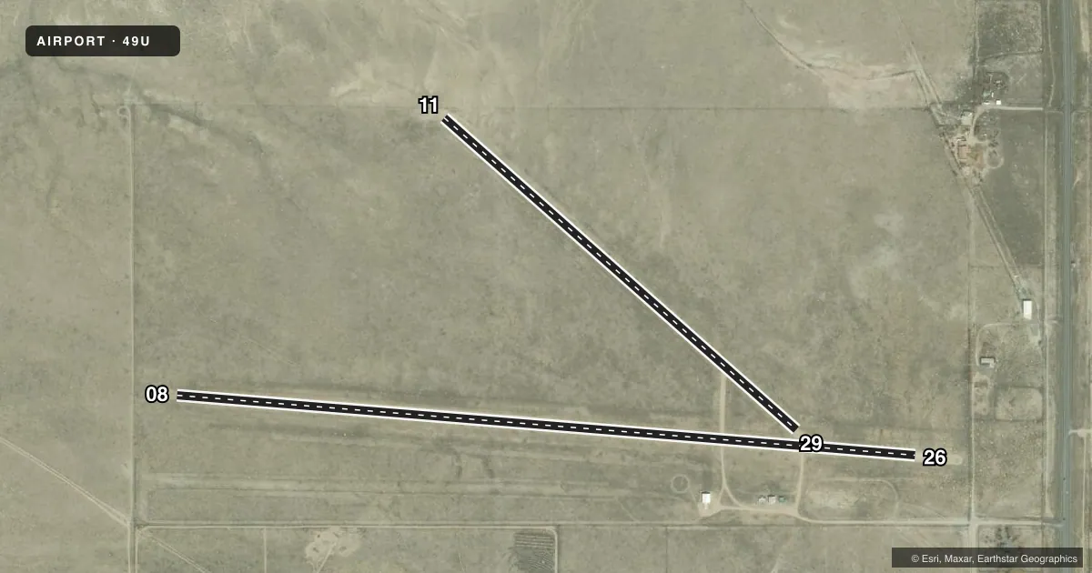 Top-down satellite sketch of 49U SHOSHONI MUNI in SHOSHONI, WYOMING, showing runways 08/26, 11/29 drawn to scale over Esri World Imagery