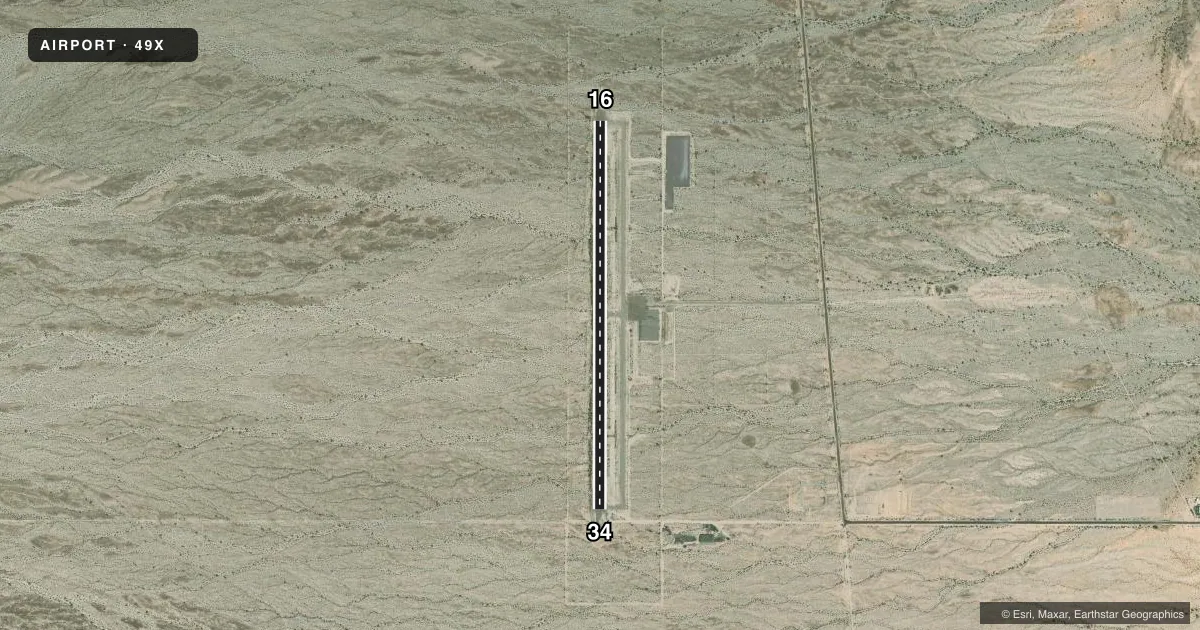 Top-down satellite sketch of 49X CHEMEHUEVI VALLEY in CHEMEHUEVI VALLEY, CALIFORNIA, showing runways 16/34 drawn to scale over Esri World Imagery