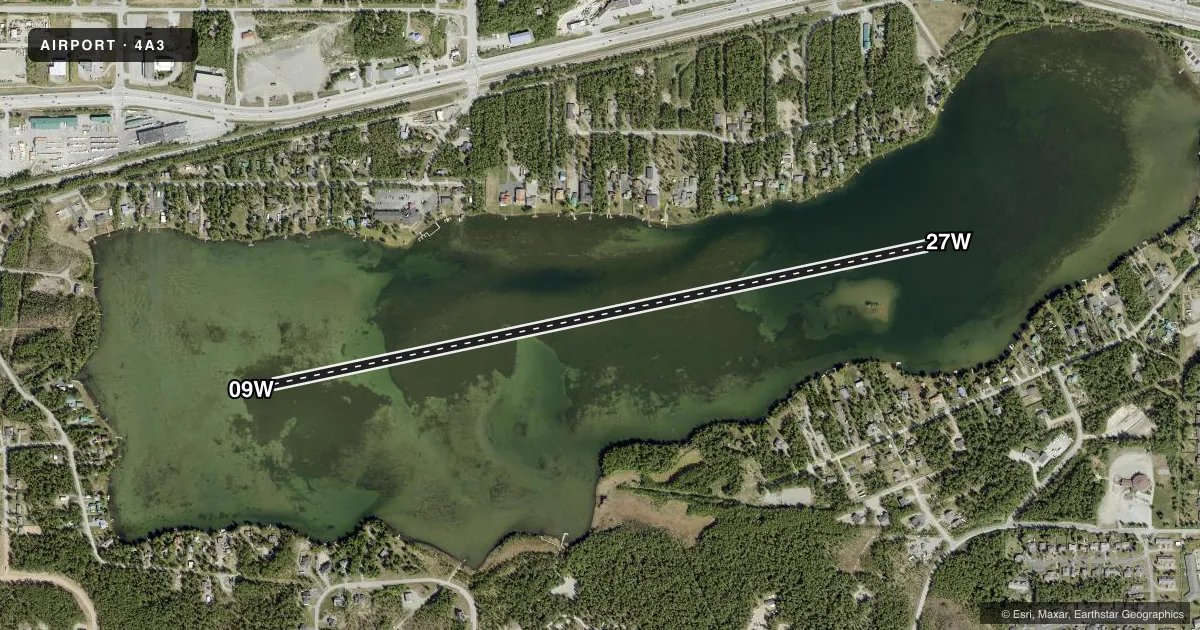 Top-down satellite sketch of 4A3 LAKE LUCILLE in WASILLA, ALASKA, showing runways 09W/27W drawn to scale over Esri World Imagery