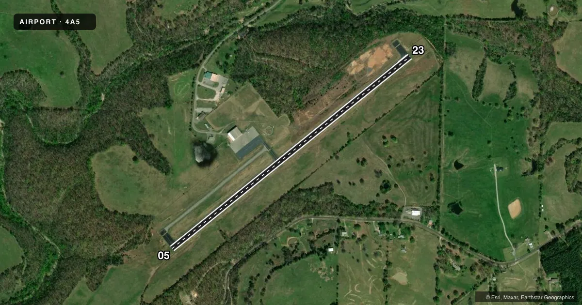 Top-down satellite sketch of 4A5 SEARCY COUNTY in MARSHALL, ARKANSAS, showing runways 05/23 drawn to scale over Esri World Imagery