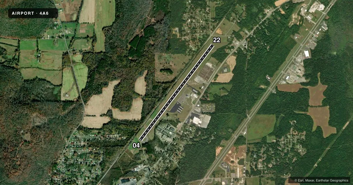Top-down satellite sketch of 4A6 SCOTTSBORO MUNI-WORD FLD in SCOTTSBORO, ALABAMA, showing runways 04/22 drawn to scale over Esri World Imagery