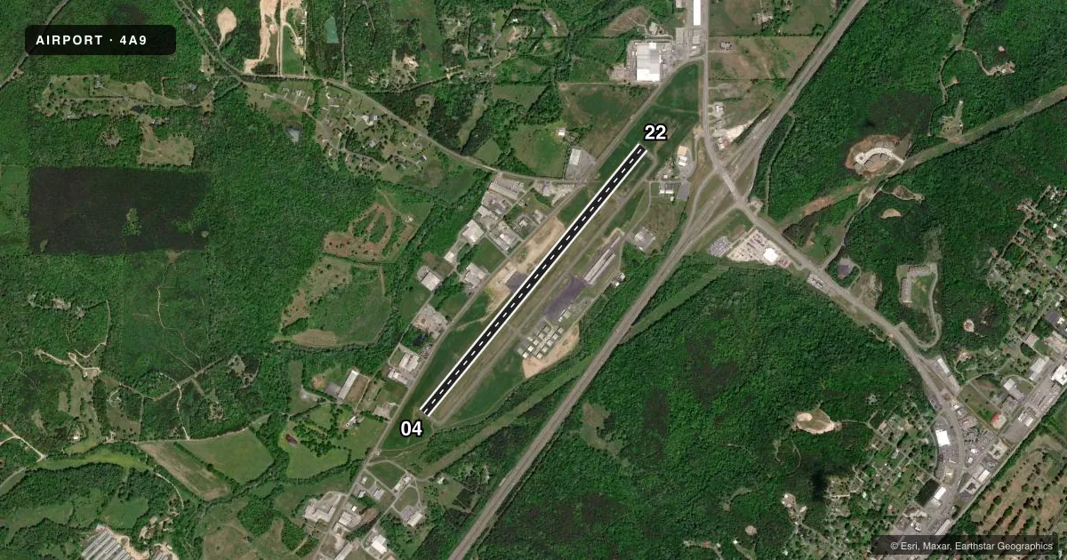 Top-down satellite sketch of 4A9 ISBELL FLD in FORT PAYNE, ALABAMA, showing runways 04/22 drawn to scale over Esri World Imagery