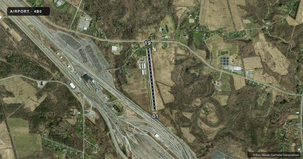 Top-down satellite sketch of 4B0 SOUTH ALBANY in SOUTH BETHLEHEM, NEW YORK, showing runways 01/19 drawn to scale over Esri World Imagery