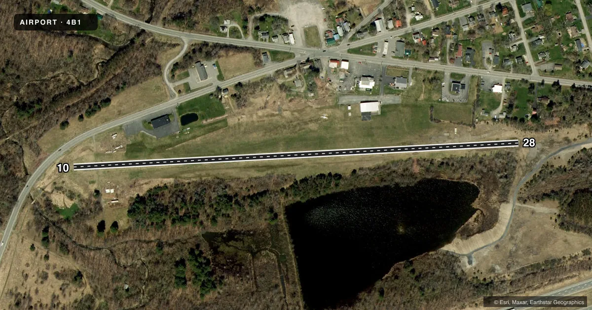 Top-down satellite sketch of 4B1 DUANESBURG in DUANESBURG, NEW YORK, showing runways 10/28 drawn to scale over Esri World Imagery