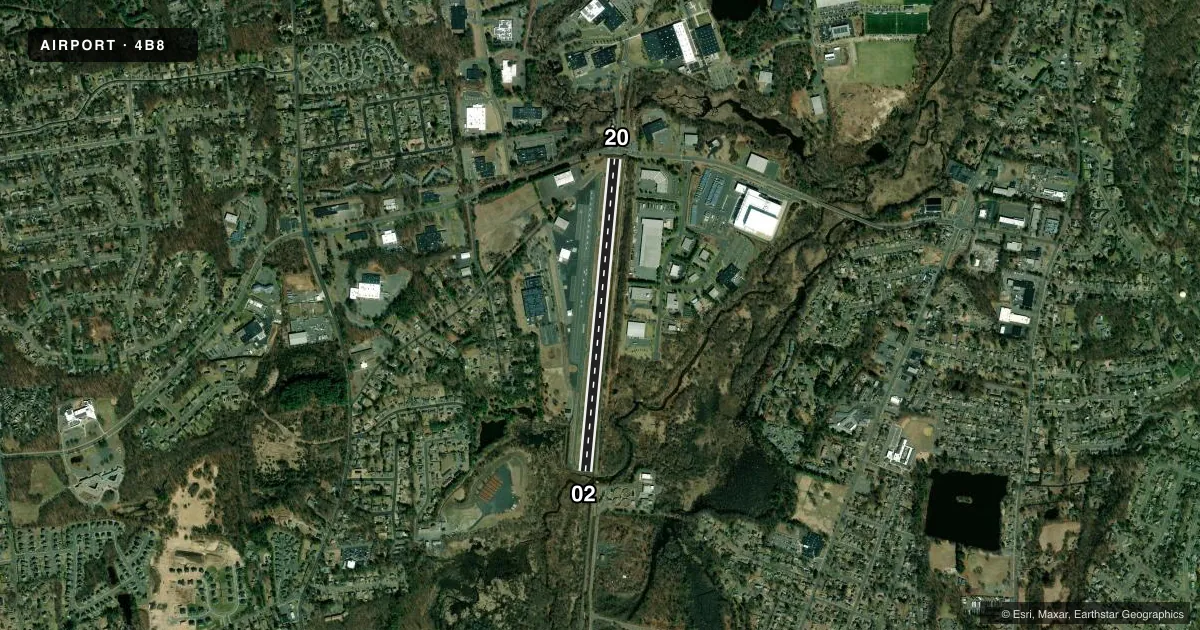 Top-down satellite sketch of 4B8 ROBERTSON FLD in PLAINVILLE, CONNECTICUT, showing runways 02/20 drawn to scale over Esri World Imagery