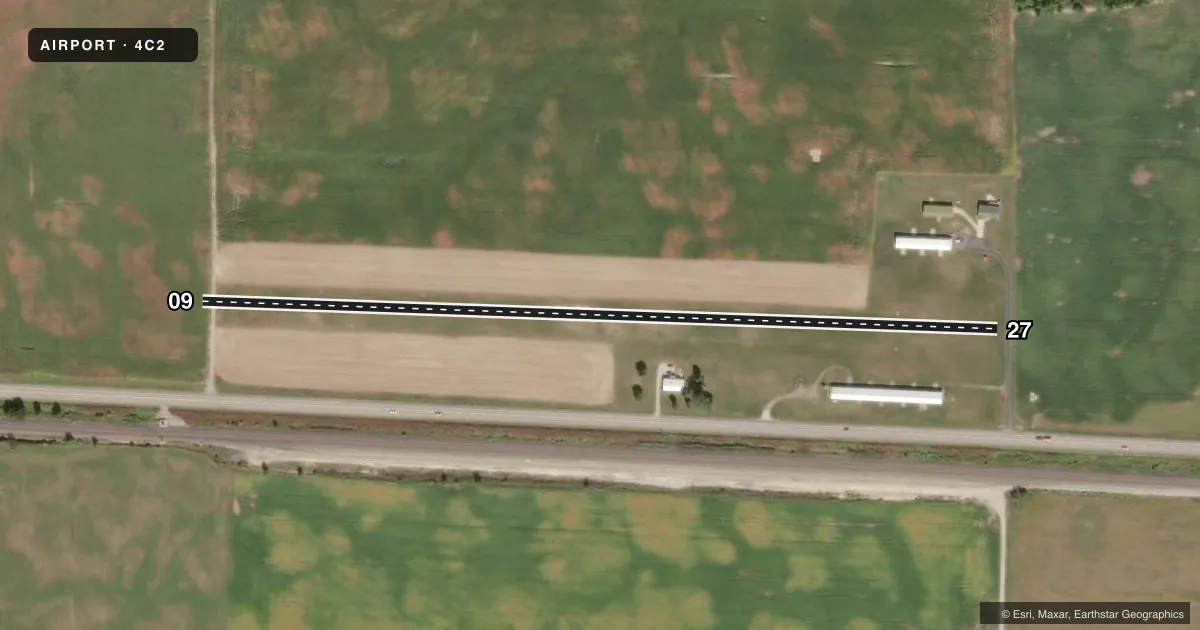 Top-down satellite sketch of 4C2 WALKER/ROWE WATERLOO in WATERLOO, INDIANA, showing runways 09/27 drawn to scale over Esri World Imagery