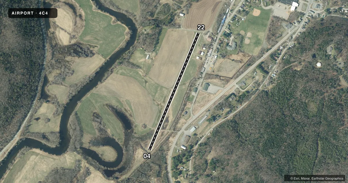 Top-down satellite sketch of 4C4 GIFFORD FLD in COLEBROOK, NEW HAMPSHIRE, showing runways 04/22 drawn to scale over Esri World Imagery