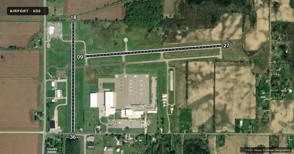 Top-down satellite sketch of 4D0 ABRAMS MUNI in GRAND LEDGE, MICHIGAN, showing runways 09/27, 18/36 drawn to scale over Esri World Imagery