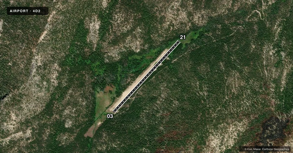 Top-down satellite sketch of 4D2 HOODOO MEADOWS in SALMON, IDAHO, showing runways 03/21 drawn to scale over Esri World Imagery