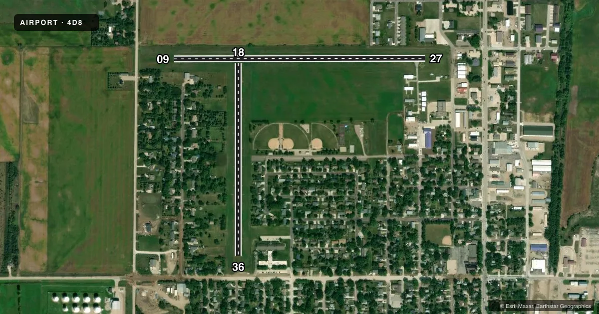 Top-down satellite sketch of 4D8 FULLER in MILFORD, IOWA, showing runways 09/27, 18/36 drawn to scale over Esri World Imagery