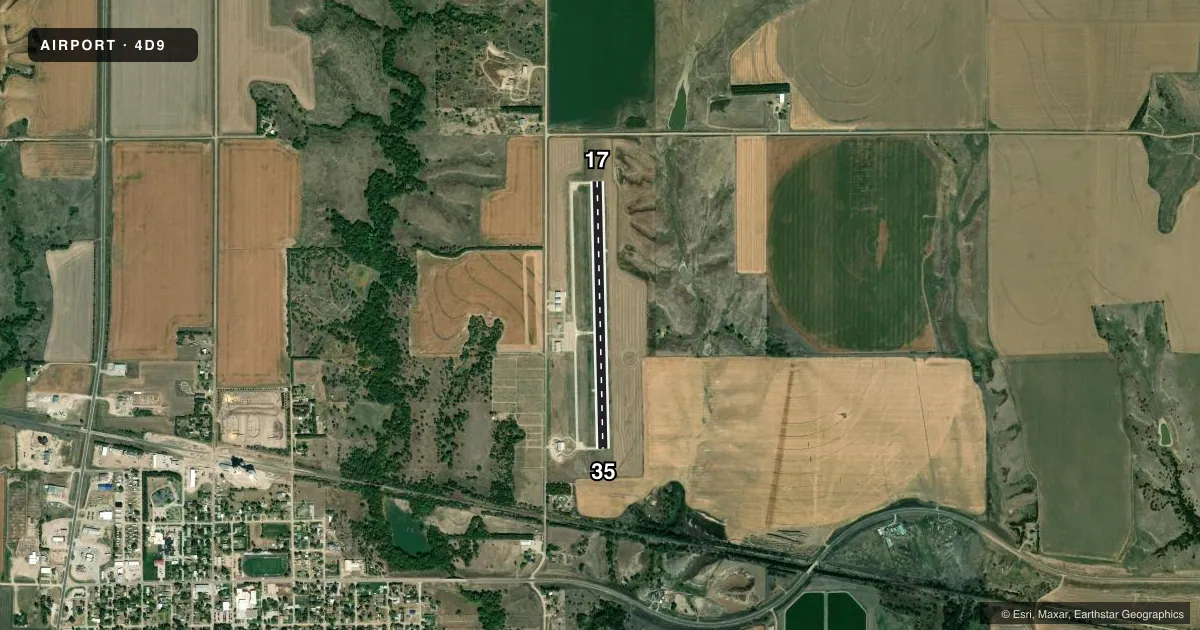 Top-down satellite sketch of 4D9 ALMA MUNI in ALMA, NEBRASKA, showing runways 17/35 drawn to scale over Esri World Imagery