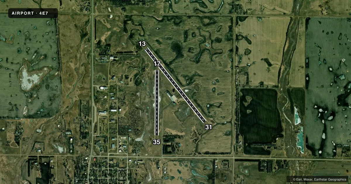 Top-down satellite sketch of 4E7 ELLENDALE MUNI in ELLENDALE, NORTH DAKOTA, showing runways 13/31, 17/35 drawn to scale over Esri World Imagery