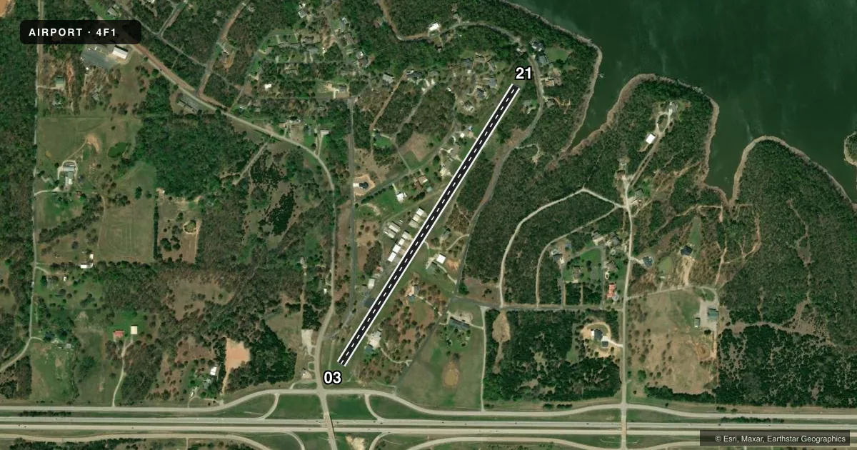 Top-down satellite sketch of 4F1 WESTPORT in WESTPORT, OKLAHOMA, showing runways 03/21 drawn to scale over Esri World Imagery
