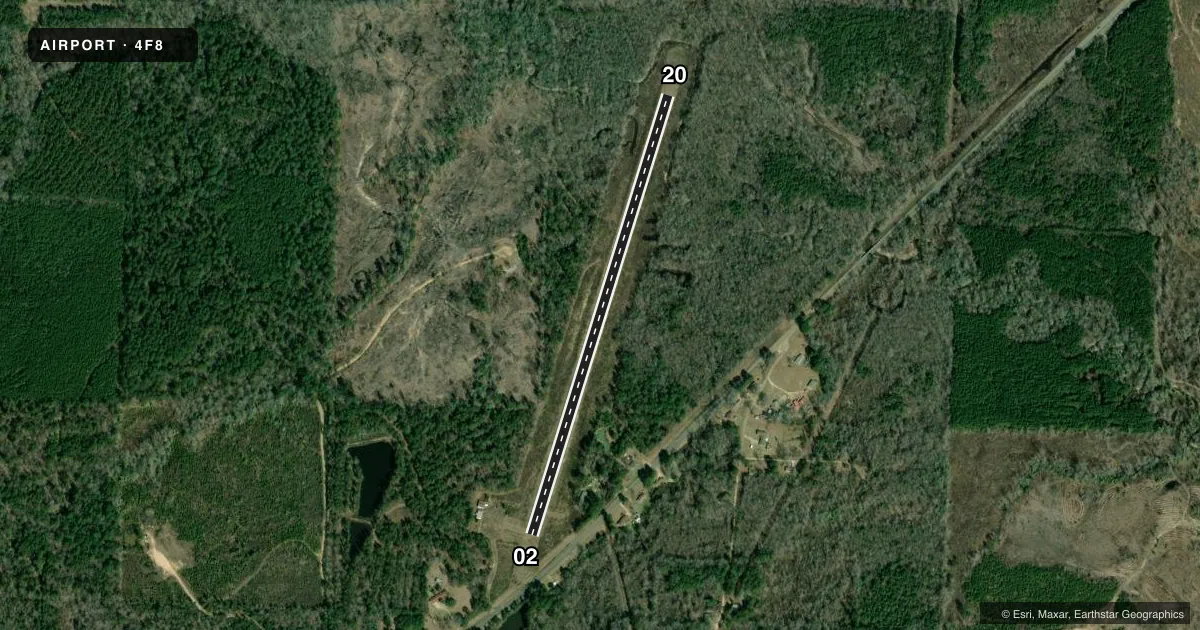 Top-down satellite sketch of 4F8 WILSON in STEPHENS, ARKANSAS, showing runways 02/20 drawn to scale over Esri World Imagery
