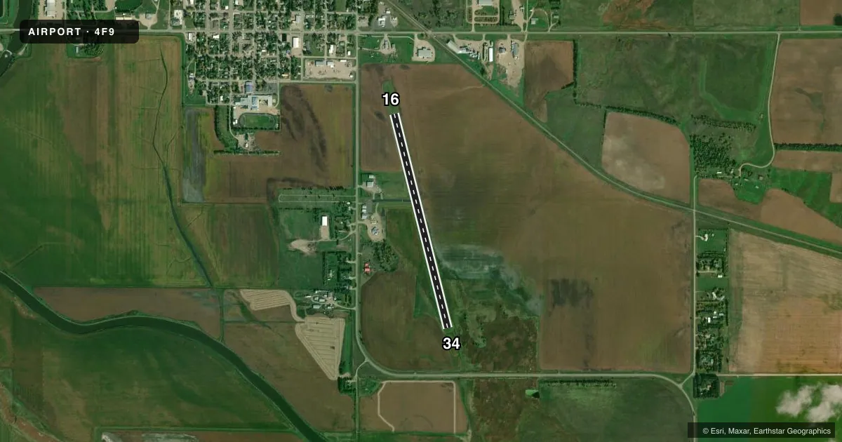 Top-down satellite sketch of 4F9 LA MOURE ROTT MUNI in LA MOURE, NORTH DAKOTA, showing runways 16/34 drawn to scale over Esri World Imagery