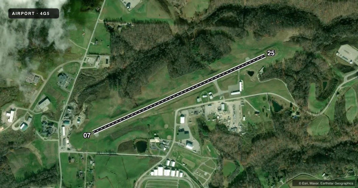 Top-down satellite sketch of 4G5 MONROE COUNTY in WOODSFIELD, OHIO, showing runways 07/25 drawn to scale over Esri World Imagery