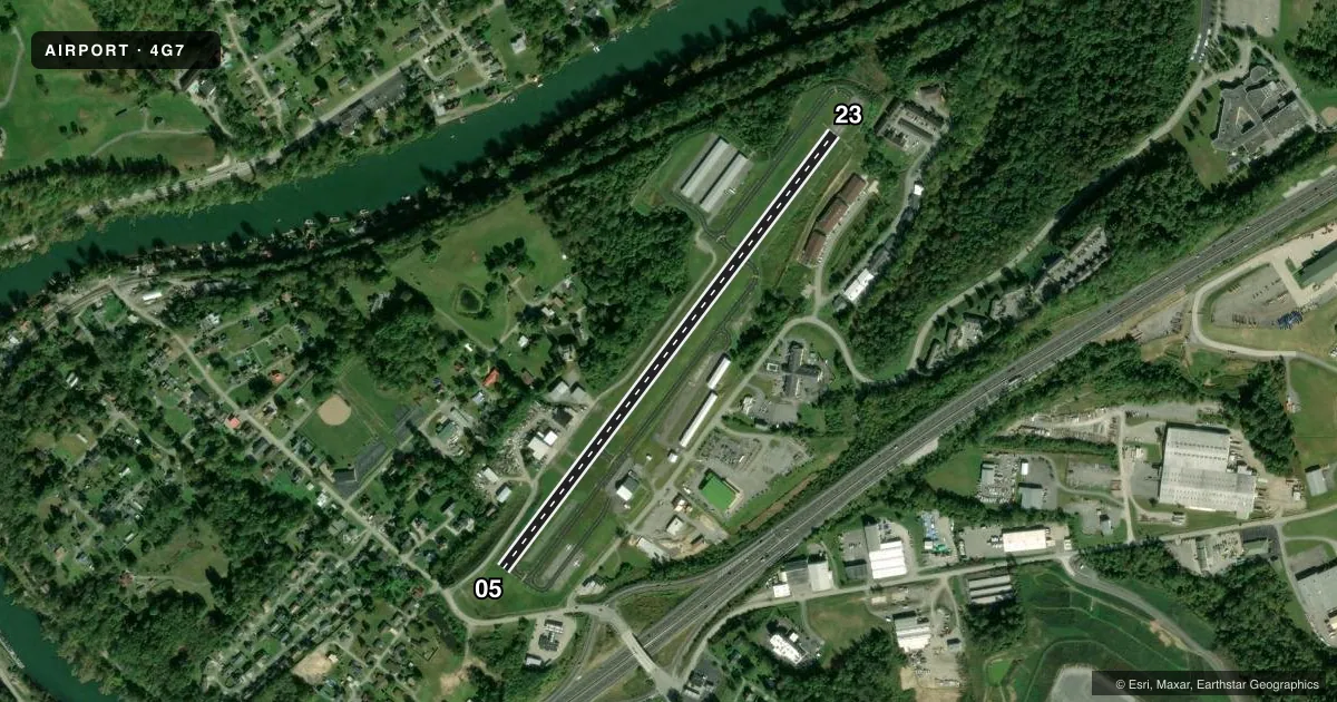 Top-down satellite sketch of 4G7 FAIRMONT MUNI-FRANKMAN FLD in FAIRMONT, WEST VIRGINIA, showing runways 05/23 drawn to scale over Esri World Imagery