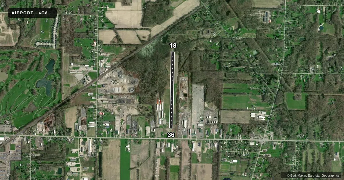 Top-down satellite sketch of 4G8 COLUMBIA in COLUMBIA STATION, OHIO, showing runways 18/36 drawn to scale over Esri World Imagery