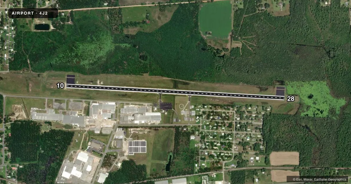 Top-down satellite sketch of 4J2 BERRIEN COUNTY in NASHVILLE, GEORGIA, showing runways 10/28 drawn to scale over Esri World Imagery