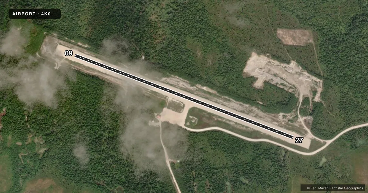 Top-down satellite sketch of 4K0 PEDRO BAY in PEDRO BAY, ALASKA, showing runways 09/27 drawn to scale over Esri World Imagery