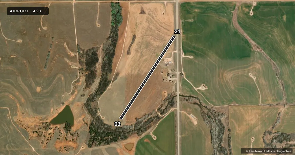 Top-down satellite sketch of 4KS WALZ in KIOWA, KANSAS, showing runways 03/21 drawn to scale over Esri World Imagery