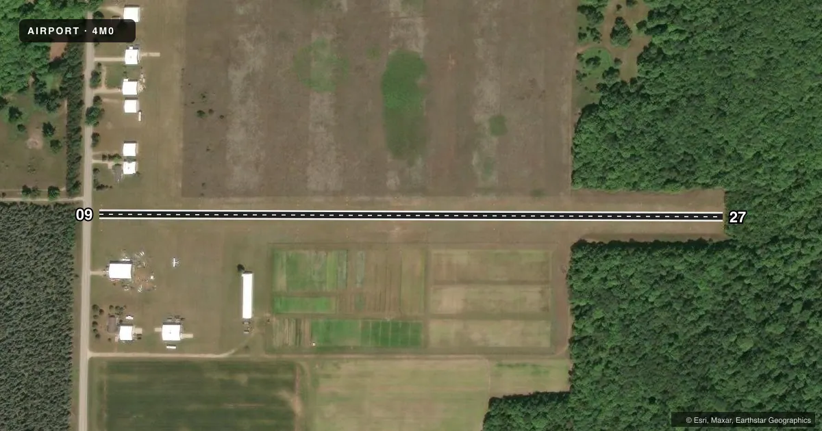 Top-down satellite sketch of 4M0 LAKE ANN AIRWAY ESTATES in TRAVERSE CITY, MICHIGAN, showing runways 09/27 drawn to scale over Esri World Imagery